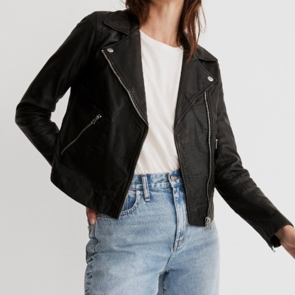 Madewell Washed Leather Motorcycle Jacket - S Small Black